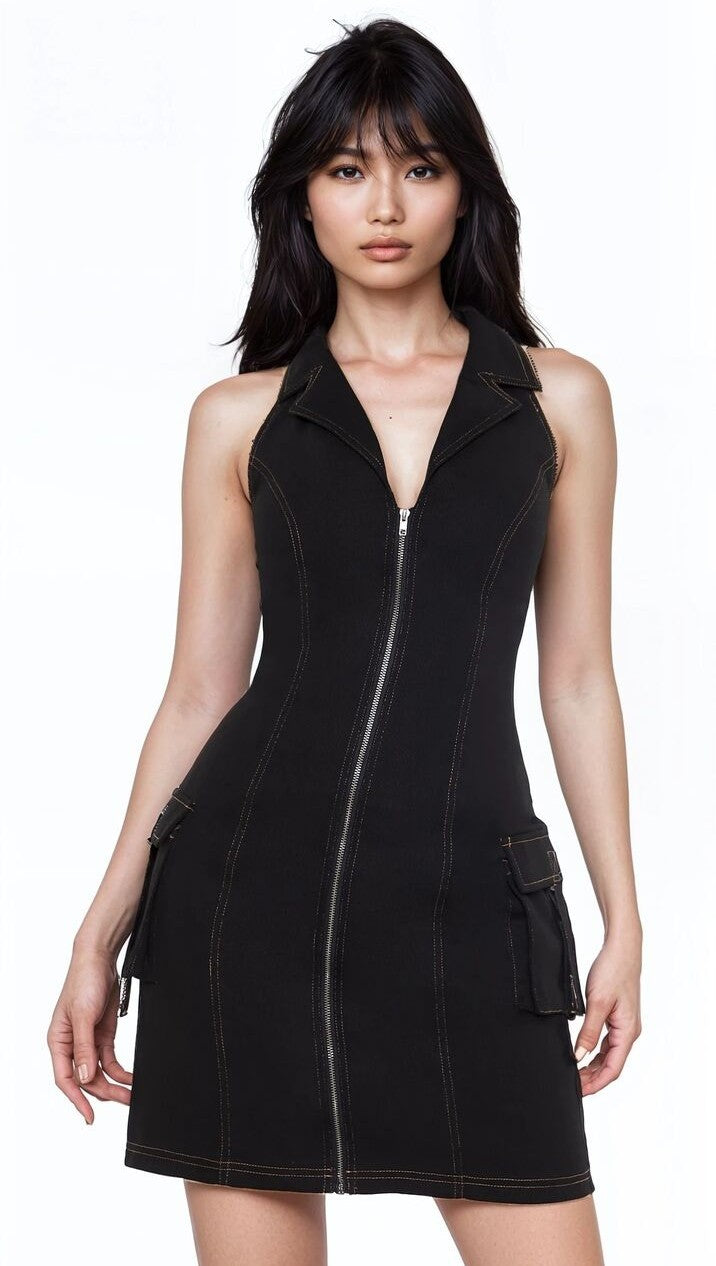 Denim Halter Mini Dress in Black | Size: XS by Bonton Denim Halter Mini Dress in Black | Size: XS by Bonton