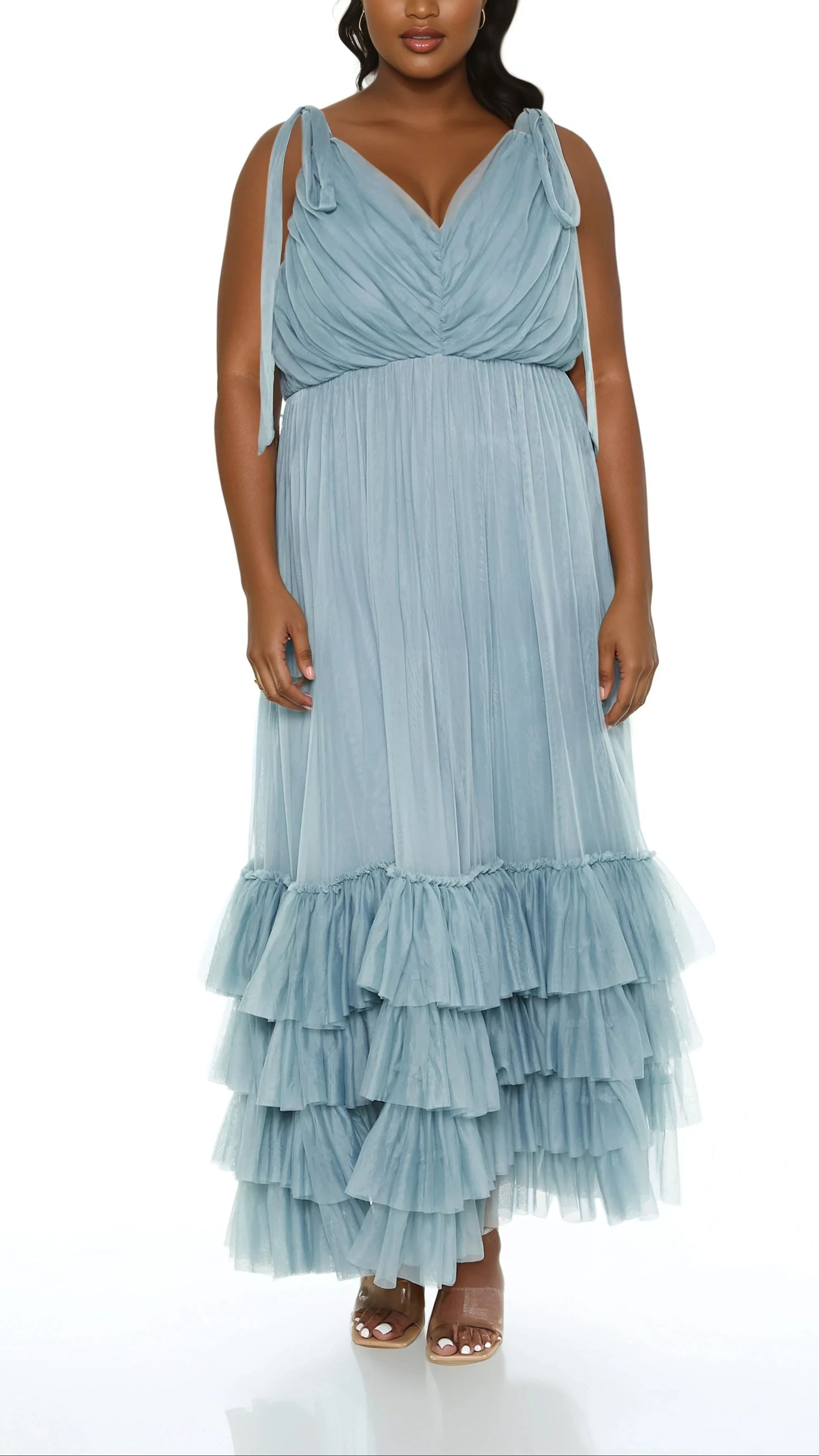 plus size tiered maxi dress Women's Yellow Ruffle A solid woven maxi dress with tier skirt and smocked back bodiceDetails Plus Size Tiered Tie-Strap Maxi