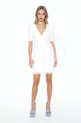 Clip-Dot Puff-Sleeve Mini Dress