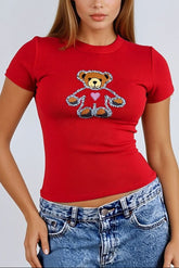 Sequin Teddy Bear Graphic Baby Tee