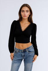Peasant-Sleeve Lace-Trim Crop Top