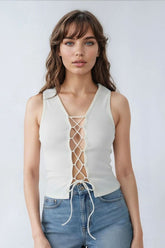 Sleeveless Lace-Up V-Neck Top