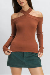 Ribbed Off-The-Shoulder Halter Sweater-Knit Top