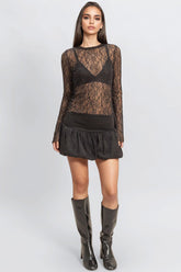 Studded Sheer Lace Long-Sleeve Top