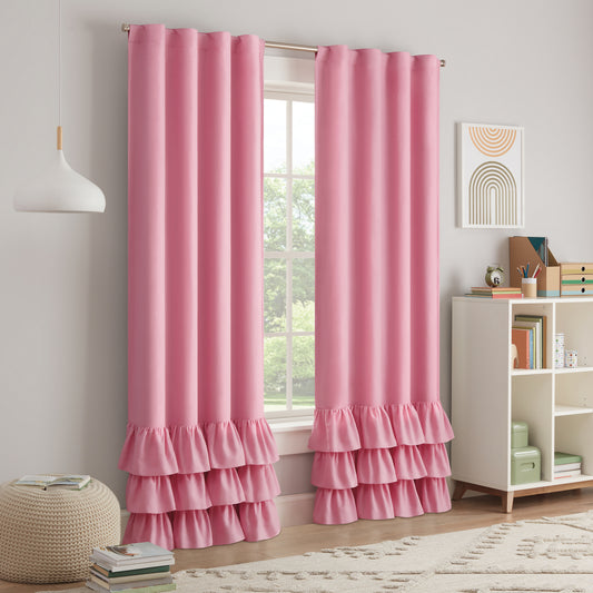 Kids Tiered Ruffle Solid 100% Blackout Back Tab Curtain Panel