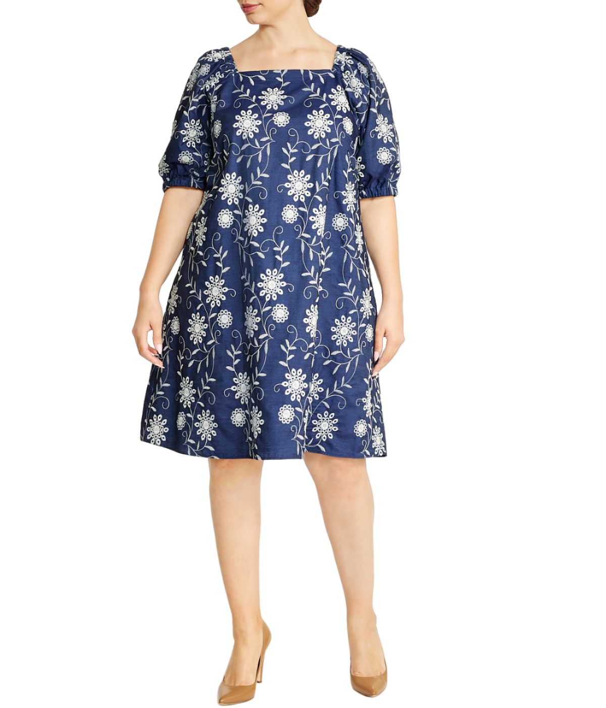 Anne Klein A-Line Dress with Square Neck-Plus Size - Navy Bonton Anne Klein A-Line Dress with Square Neck-Plus Size - Navy Bonton