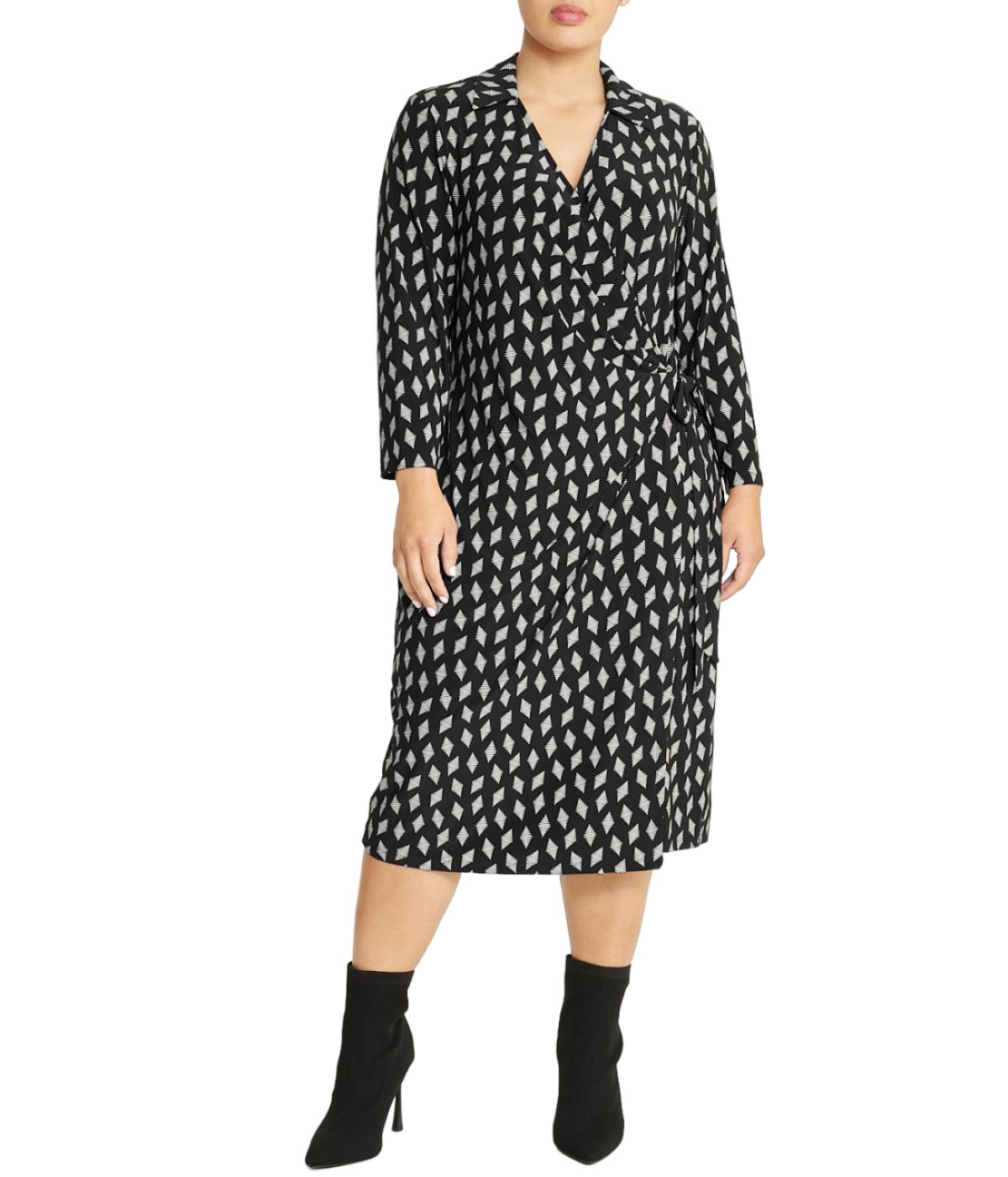 Anne Klein Plus Size Printed Notch Collar Wrap Dress - Anne Black/ Anne White Bonton Anne Klein Plus Size Printed Notch Collar Wrap Dress - Anne Black/ Anne White Bonton
