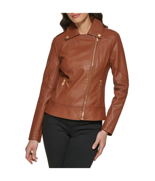 Faux Leather Asymmetrical Moto Jacket Cognac
