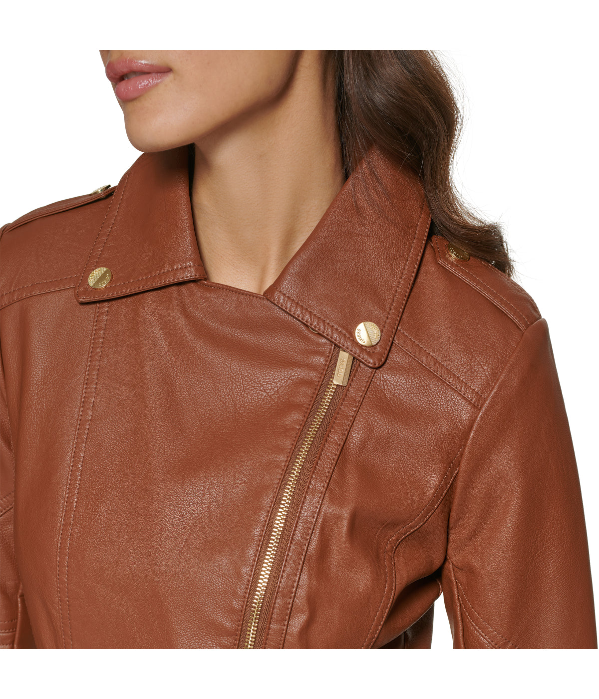 Faux Leather Asymmetrical Moto Jacket Cognac
