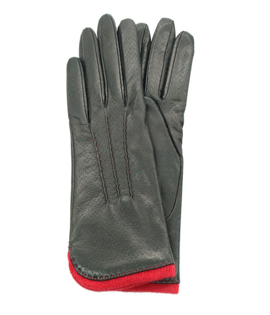 Leather Gloves With Contrast Color Piping Black/Sangria Red