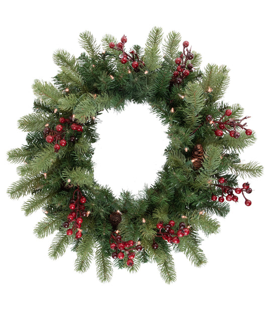 Noble Fir with Red Berries & Pine Cones Artificial Christmas Wreath with Pre-lit Clear Lights, 24"