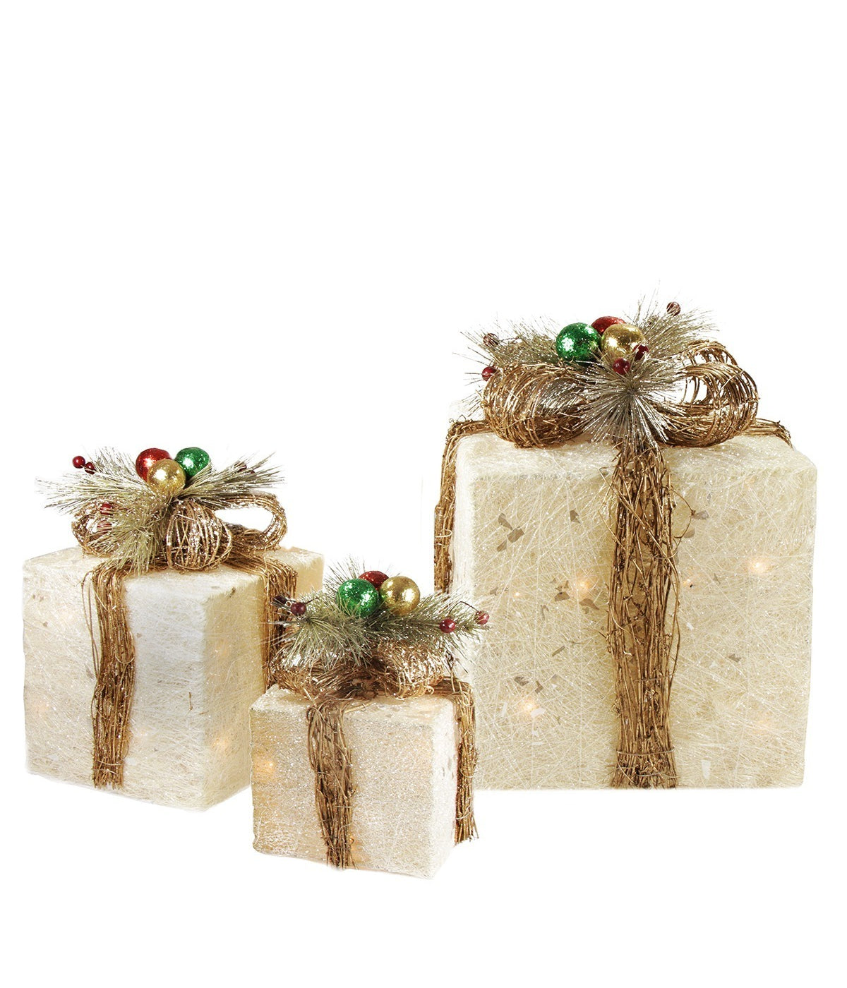 Cream Gift Boxes with Twine Bows Lighted Outdoor Christmas Decorations Set of 3, 10"