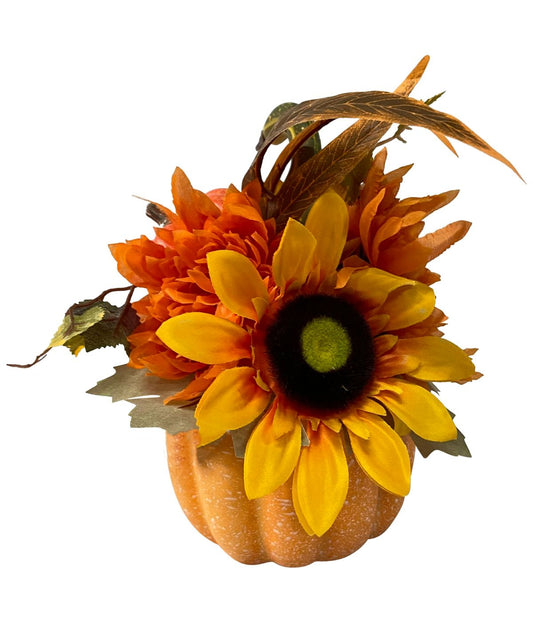 Yellow Sunflower and Mum Filled Pumpkin Thanksgiving Decor Orange