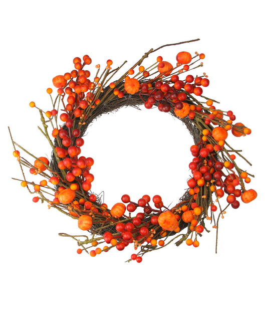 Red and Orange Fall Berry and Mini Pumpkin Artificial Thanksgiving Wreath Red