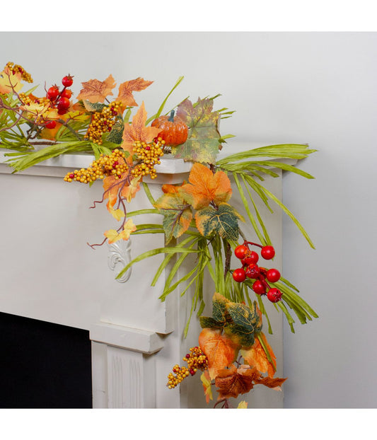 Pumpkins and Berries with Leaves Artificial Thanksgiving Garland Orange