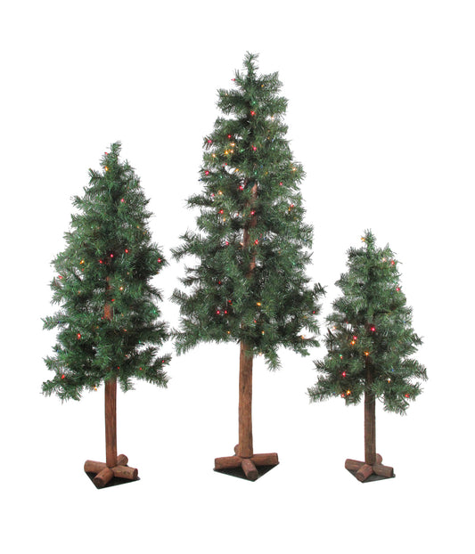 Slim Woodland Alpine Artificial Christmas Trees with Multicolor Lights Set of 3, 5'