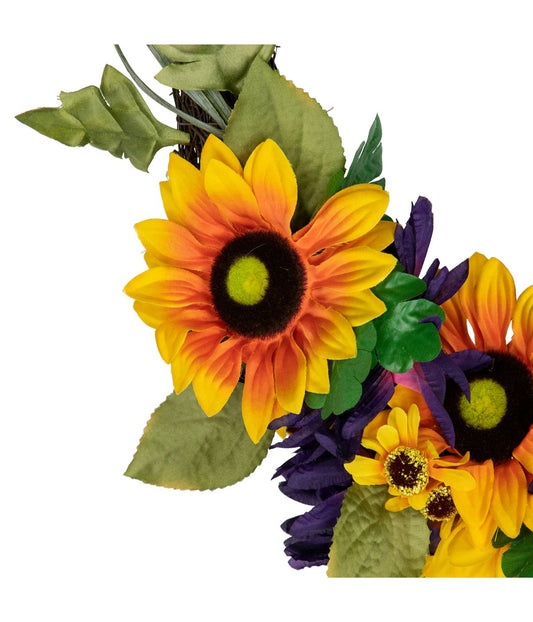 Sunflower and Mum Twig Autumn Artificial Floral Wreath Yellow