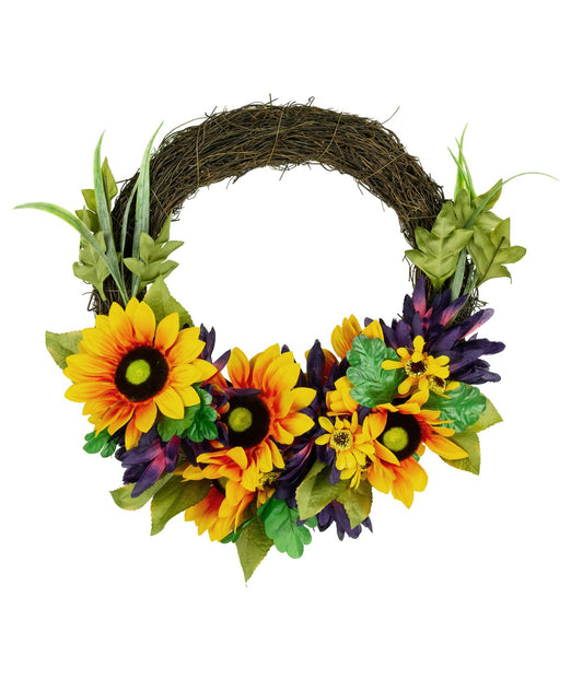Sunflower and Mum Twig Autumn Artificial Floral Wreath Yellow