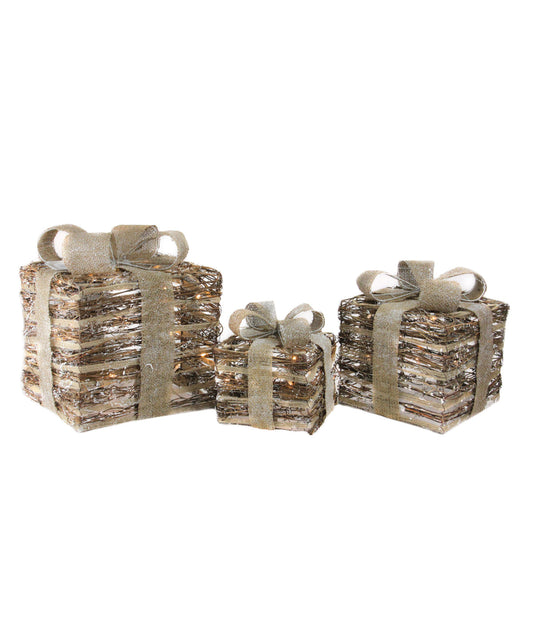 Rattan Gift Boxes with Burlap Bows Tabletop Lighted Christmas Decorations Set of 3, 9.75"