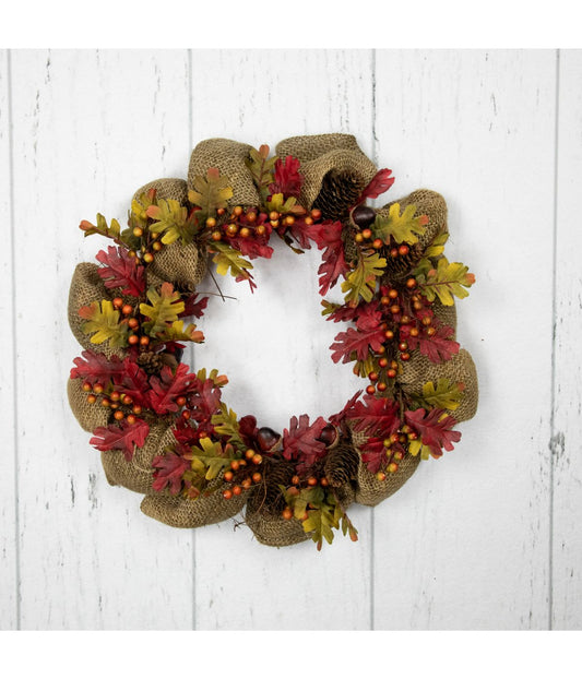 Rustic Burlap Fall Harvet Wreath with Acorns and Berries Red