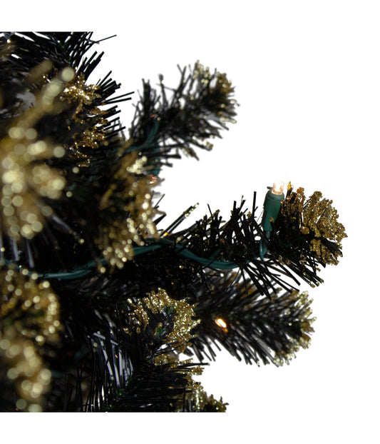 Black Crystal Pine with Gold Glitter Artificial Christmas Tree with Pre-Lit LED Clear Lights, 7.5'