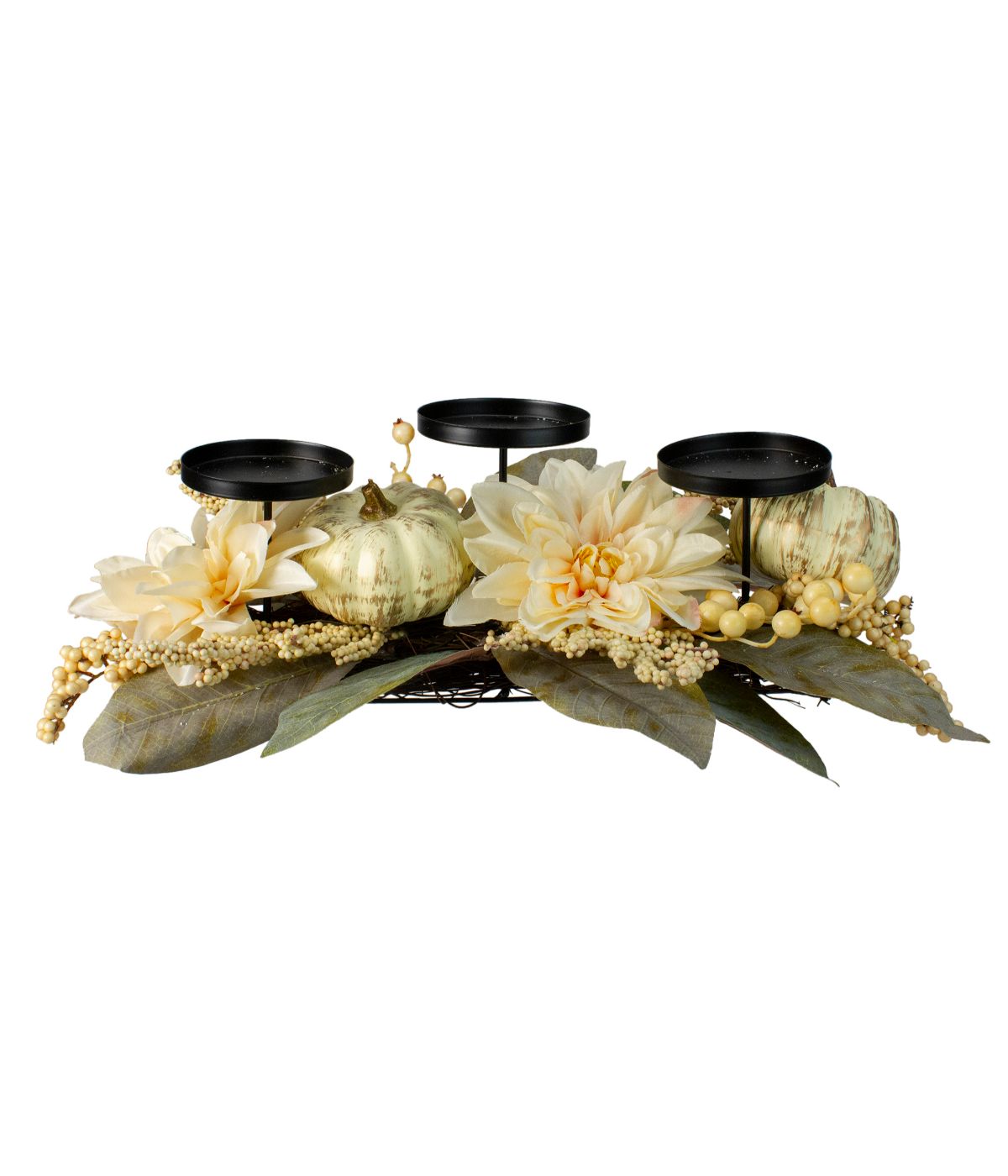 White Dahlia and Pumpkin Fall Candle Holder Centerpiece White