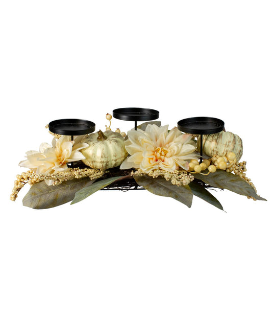 White Dahlia and Pumpkin Fall Candle Holder Centerpiece White