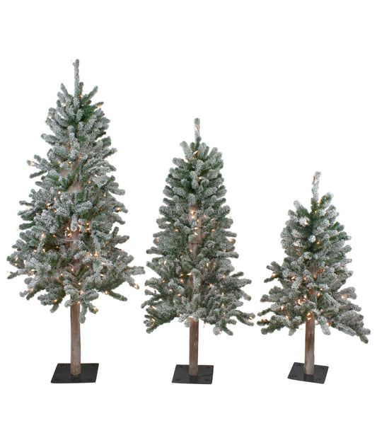 Slim Flocked Alpine Artificial Christmas Trees with Pre-Lit Clear Lights Set of 3, 5'