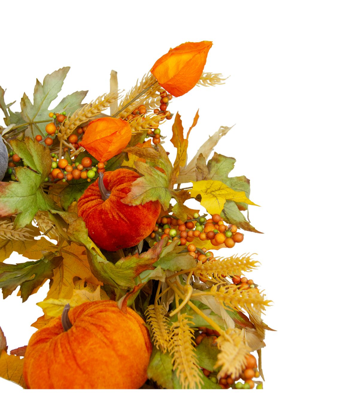 Velvet Pumpkins and Wheat Artificial Fall Harvest Wreath Orange