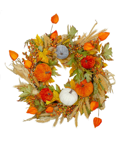 Velvet Pumpkins and Wheat Artificial Fall Harvest Wreath Orange