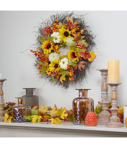 Sunflowers and Gourds Artificial Thanksgiving Wreath Yellow