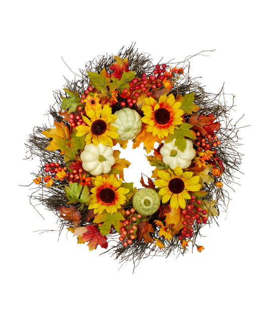 Sunflowers and Gourds Artificial Thanksgiving Wreath Yellow