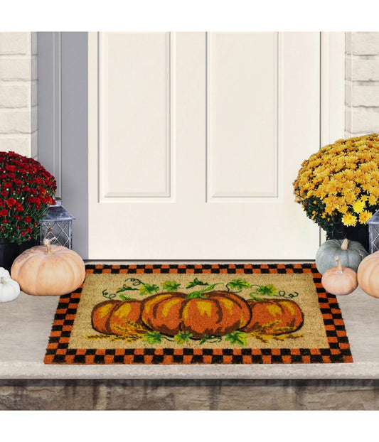 Checkered Fall Harvest Pumpkin Doormat Orange