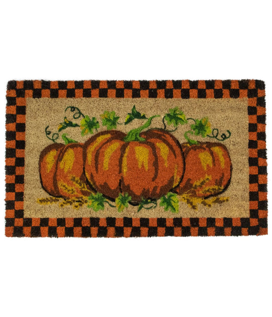 Checkered Fall Harvest Pumpkin Doormat Orange
