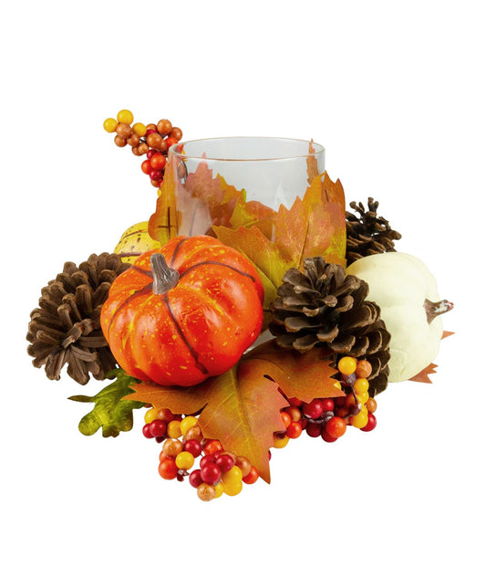 Pumpkin, Berry and Pine Cone Fall Harvest Tealight Candle Holder Orange