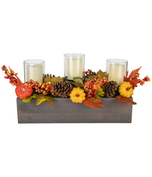 Pumpkin, Berry and Pine Cone Fall Harvest Triple Pillar Candle Holder Orange