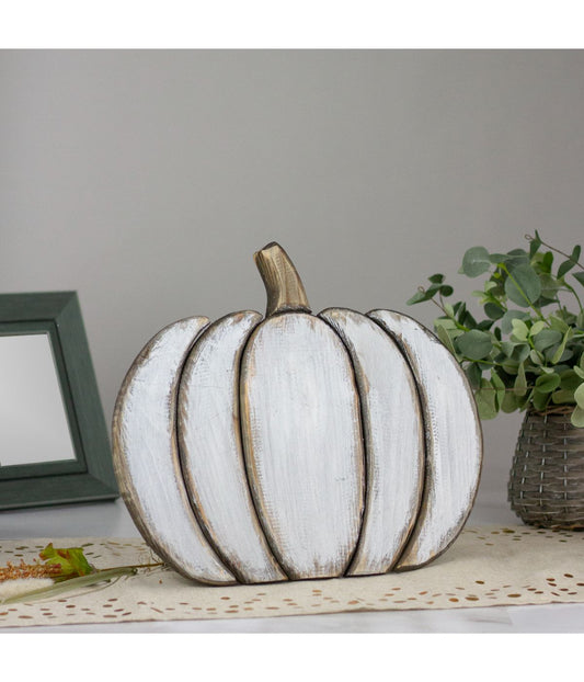 Wooden Pumpkin Fall Harvest Decoration White