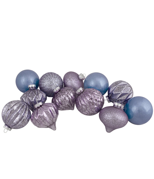 Purple Tone Finial and Glass Ball Christmas Ornaments Set of 12