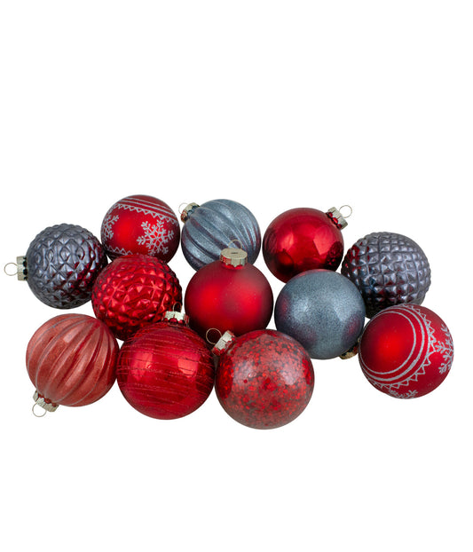 Red and Blue Finial and Glass Ball Christmas Ornaments Set of 12