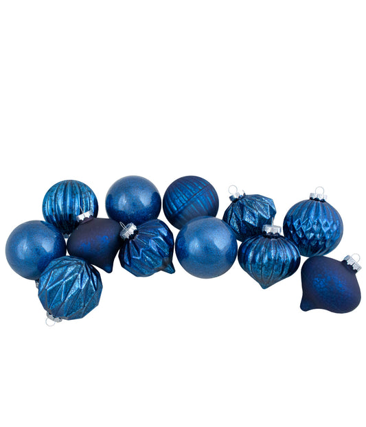Blue Finial and Glass Ball Christmas Ornaments Set of 12