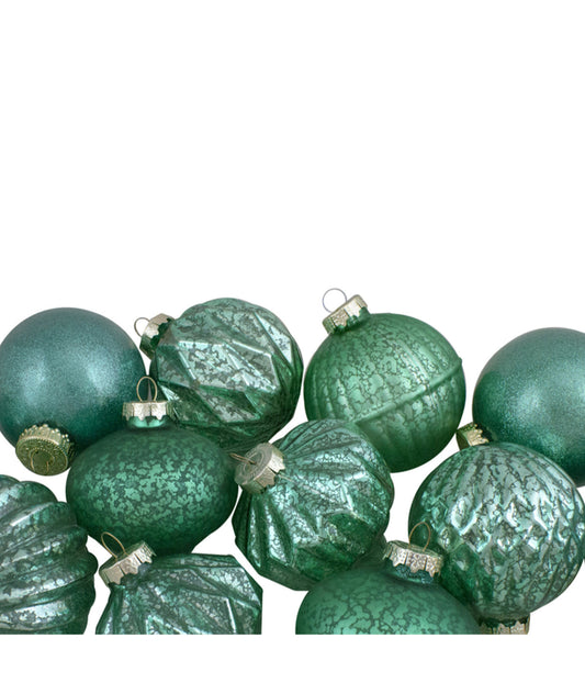 Green Finial and Glass Ball Christmas Ornaments Set of 12