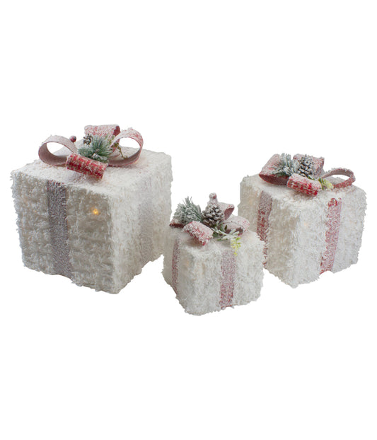 Frosted Rattan LED Lighted Christmas Gift Boxes with Pinecones Set of 3