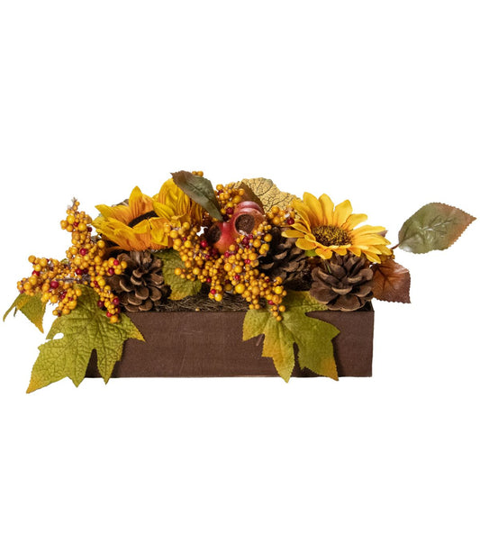 Yellow and Brown Sunflowers and Leaves Fall Harvest Floral Arrangement Brown