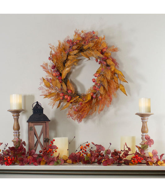 Yellow and Orange Berry and Leaves Fall Harvest Artificial Wreath Yellow