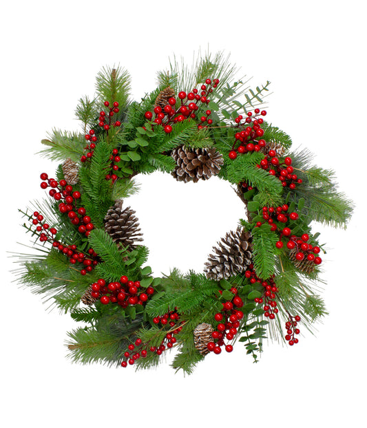 Holly Berries and Snowy Pinecones Artificial Christmas Wreath, 24"
