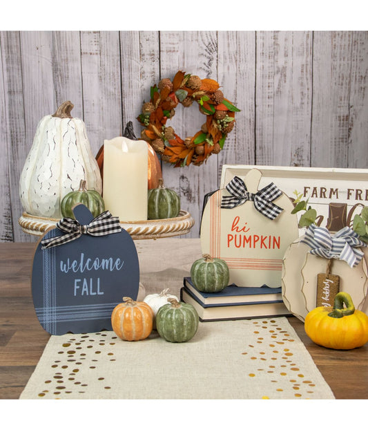 Set of 2 Fall Harvest Pumpkin Welcome Plaques Blue