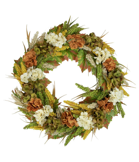 White and Orange Hydrangea Artificial Fall Harvest Twig Wreath White