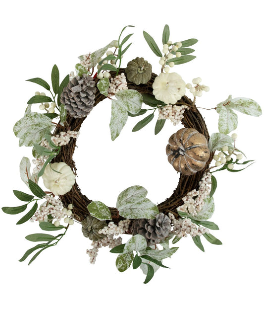 Pumpkin and Berries with Pinecones Artificial Fall Harvest Twig Wreath Green