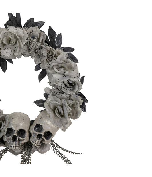 Double Skull and Gray Roses Halloween Wreath 16-Inch Unlit