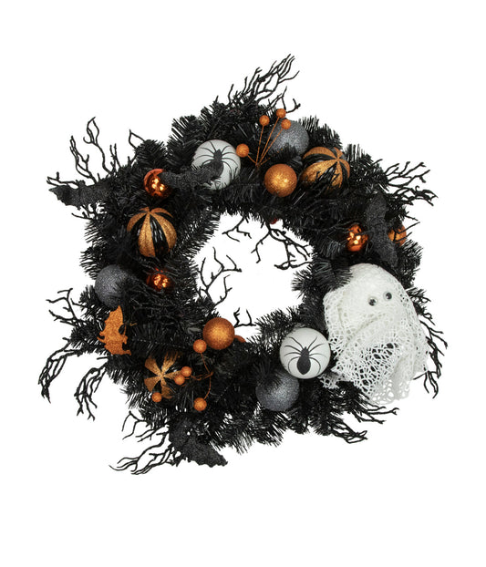 Orange Ornaments and Ghost Halloween Pine Wreath 24-Inch Unlit